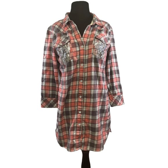 Miss Me Tops - Miss Me Womens Size Large Blinged Out Flannel 3/4 Roll Tab Sleeves